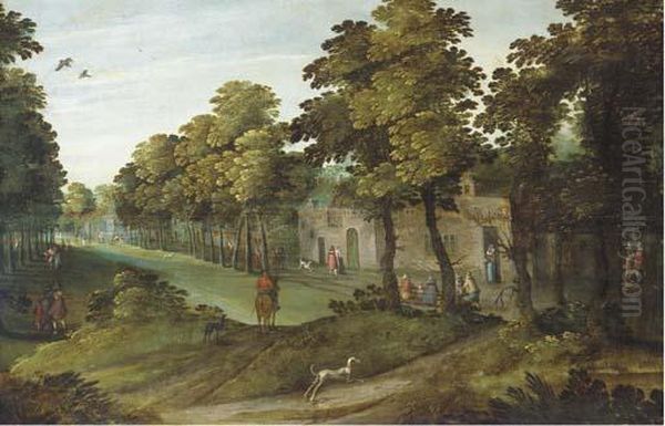 A Village Landscape With An Avenue Of Trees, A Horseman And A Dog In The Foreground Oil Painting by Marten Ryckaert