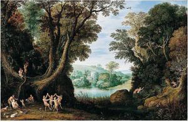 A Classical Landscape With The Satyr's Family Oil Painting by Marten Ryckaert