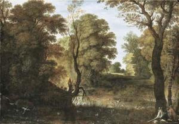 A Wooded River Landscape With Sportsmen Shooting Duck Oil Painting by Marten Ryckaert