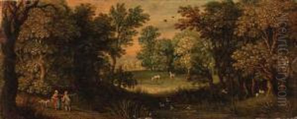 Peasants On A Path By A Pond In A Wood Oil Painting by Marten Ryckaert