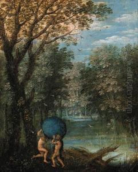 A Wooded River Landscape With 
Atlas Passing The World To Hercules;and A Wooded River Landscape With A 
Huntsman, Hercules And Cerberusbeyond Oil Painting by Marten Ryckaert