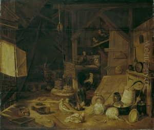 Stallinterieur Mit Rind Und Federvieh. Oil Painting by Frans, Francois Ryckhals