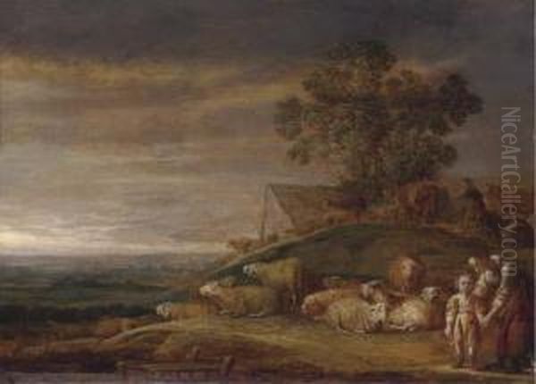 A River Landscape With A Shepherd, His Family And Flock Oil Painting by Frans, Francois Ryckhals