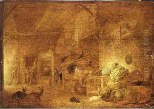 A Barn Still Life With Cabbages,
 Kitchen Utensils, Poultry In A Cage, Rabbits, Two Goats And Peasants In
 The Background Oil Painting by Frans, Francois Ryckhals