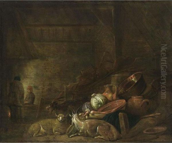 A Barn Interior With A Kitchen Still Life Together With A Goat And A Sheep Oil Painting by Frans, Francois Ryckhals