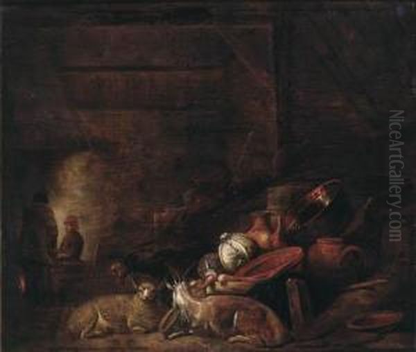 Cabbages, A Copper Bucket, An 
Earthenware Strainer And Otherutensils, With A Goat And A Sheep In A 
Barn, Peasants By A Firebeyond Oil Painting by Frans, Francois Ryckhals