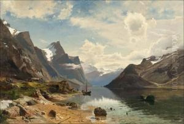 Fishermen In A Fiord Landscape Oil Painting by Gustaf Rydberg