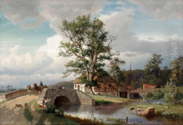 Sommarlandskap Med Bro Oil Painting by Gustaf Rydberg