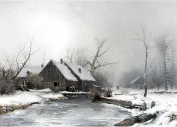 A Farmstead In A Snowy Landscape Oil Painting by Gustaf Rydberg