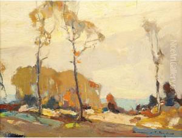 Trees In A Landscape With Water Beyond Oil Painting by Chauncey Foster Ryder