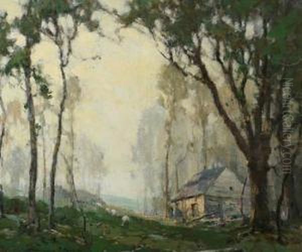 Sheep And Cottage In Grove Of Tall Trees by Chauncey Foster Ryder