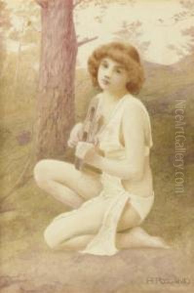 A Nymph Playing A Lyre In A Forest Oil Painting by Henry Ryland