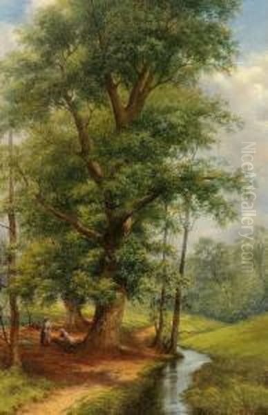 Fruhlingslandschaft Mit Grosem Baum Neben Bach Und Holzleserinnen Oil Painting by Henry Ryland