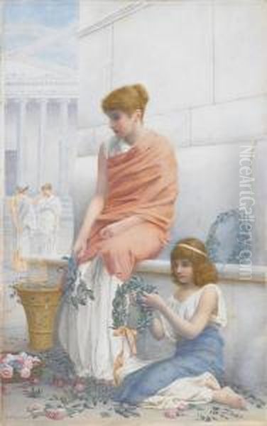 A Woman And Child Making Wreaths Oil Painting by Henry Ryland