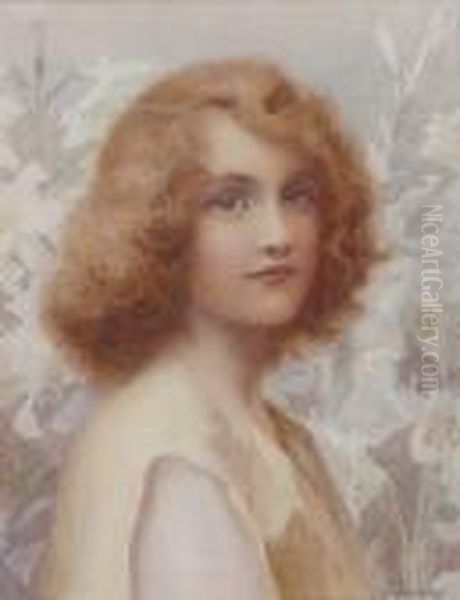 Portrait Of A Young Woman Amidst Lilies,signed, Watercolour Oil Painting by Henry Ryland