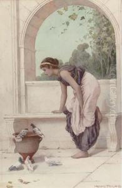 A Classical Maiden On A Terrace With Doves And Pigeons Oil Painting by Henry Ryland