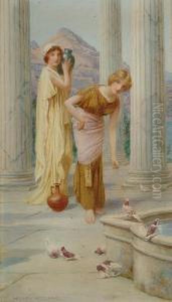 Classical Maidens Feeding Birds Oil Painting by Henry Ryland