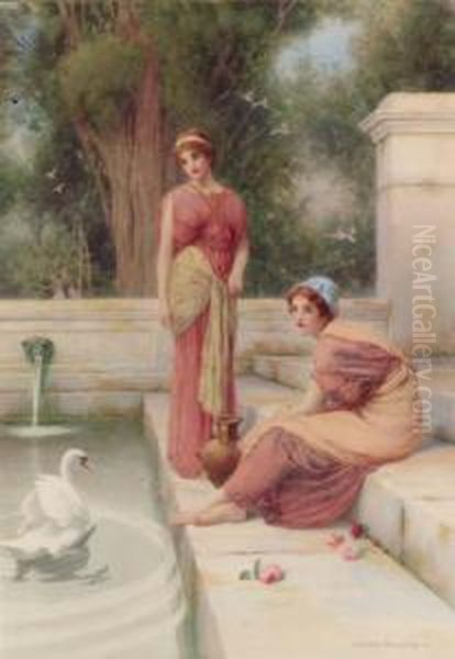 Two Classical Maidens And A Swan Oil Painting by Henry Ryland