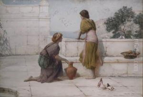 Young Girls On A Classical Terrace With A View Of The Seabeyond Oil Painting by Henry Ryland