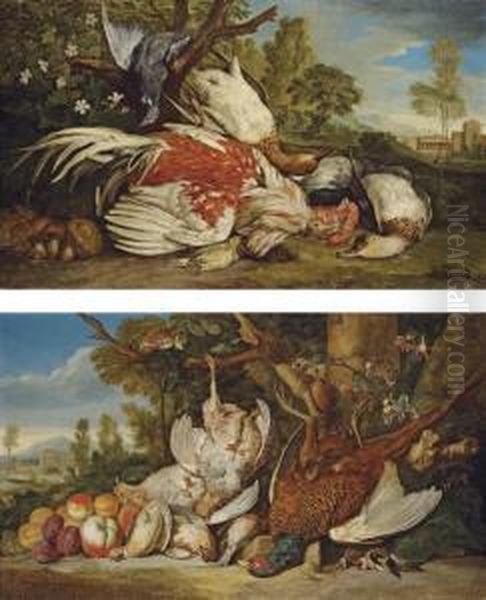 A Dead Cockerel, Ducks, A 
Pigeon, A Greenfinch And Mushrooms In An Italianate Landscape; And A 
Dead Pheasant, Partridges, Goldfinches, Quails And Apricots, Plums And 
Peaches In An Italianate Landscape Oil Painting by Pieter Andreas Rysbrack