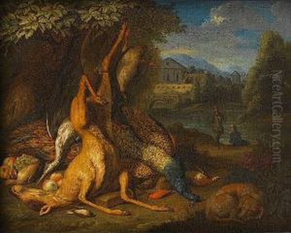 A Dead Deer, Peacock, Heron And 
Other Birds At The Foot Of A Tree, A Dog Asleep Nearby And Huntsmen 
Beyond Oil Painting by Pieter Andreas Rysbrack