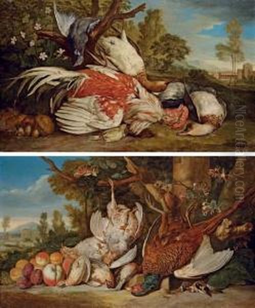 A Dead Cockerel, Ducks, A 
Pigeon, A Greenfinch And Mushrooms In An Italianate Landscape; And A 
Dead Pheasant, Partridges, Goldfinches, Quails And Apricots, Plums And 
Peaches In An Italianate Landscape Oil Painting by Pieter Andreas Rysbrack