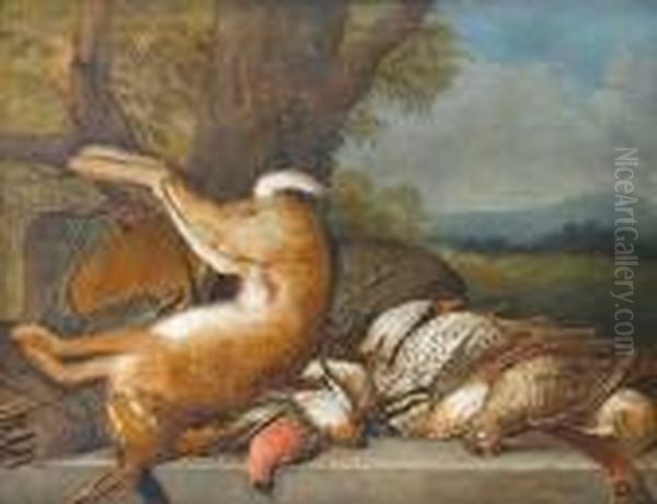 A Dead Hare With A Dead 
Woodcock, Bullfinch, Great Tit And Other Thrushes And Finches On A Stone
 Ledge With Hunting Paraphanalia, A Landscape Beyond Oil Painting by Pieter Andreas Rysbrack