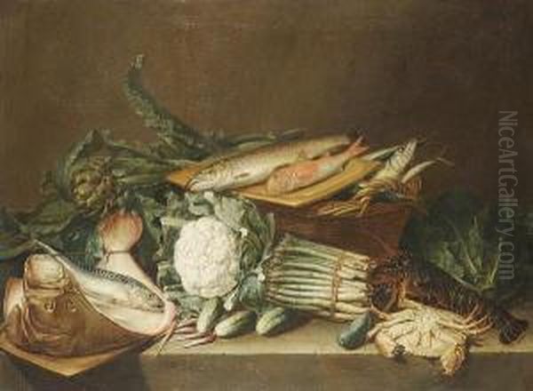 Asparagus, Artichokes, A 
Cauliflower And Other Vegetables On A Stone Ledge With A Dead Skate, 
Mackerel, Red Mullet And A Trout Oil Painting by Pieter Andreas Rysbrack