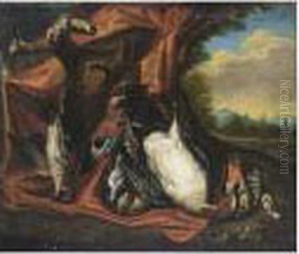 A Still Life With Birds Oil Painting by Pieter Andreas Rysbrack