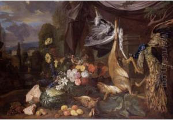 Still Life With Flowers And Fowl Oil Painting by Pieter Andreas Rysbrack