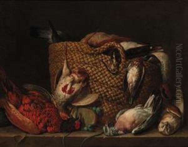 A Pheasant, Pigeon, Owl, And A 
Basket With A Partridge, Duck,lapwing And Woodcock On A Ledge Oil Painting by Pieter Andreas Rysbrack