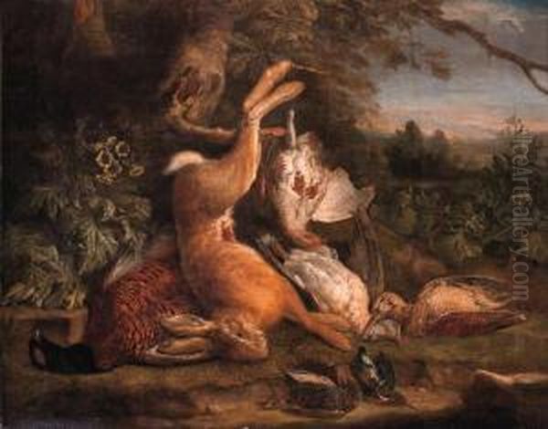 A Dead Hare Hanging From A Tree 
With A Dead Pheasant, A Snipe, Adove, A Patridge And Dead Songbirds On A
 Mossy Bank In Alandscape Oil Painting by Pieter Andreas Rysbrack