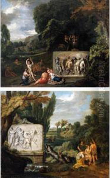 A Classical Scene With A 
Sarcophagus, Depicting Pan And The Drunken Silenus, On A Small Bridge 
Over A Stream Oil Painting by Pieter Rysbrack