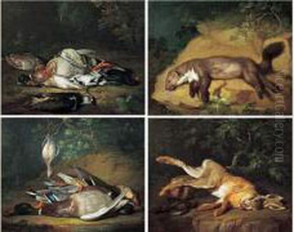 Natures Mortes Aux Lievre, Fouine, Canards Colvert, Vanneau, Grives, Merle Et Perdreau Oil Painting by Pieter Rysbrack