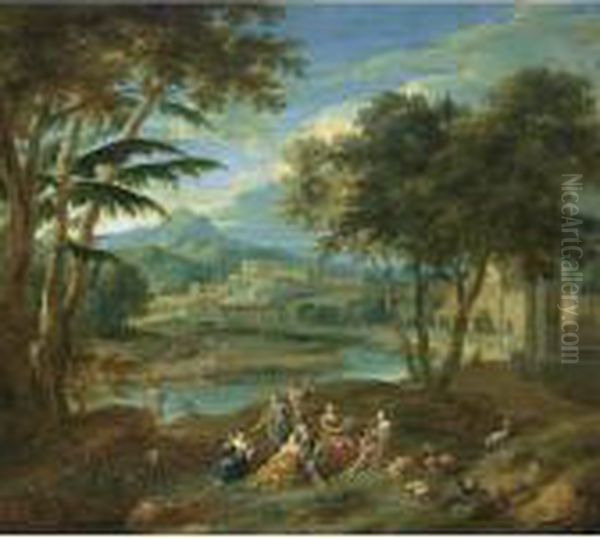 A Classical Landscape With 
Figures Making Music In The Foreground And Fishermen Near A Stream, A 
Village In The Background Oil Painting by Pieter Rysbrack