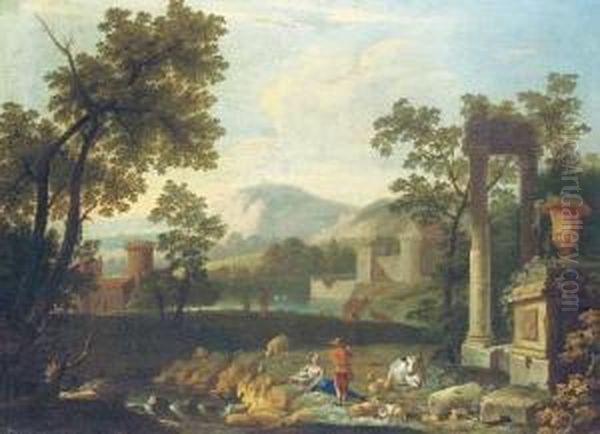 An Italianate Landscape With Shepherds By Classical Ruins Oil Painting by Pieter Rysbrack