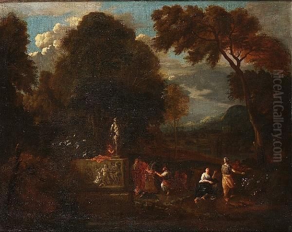 An Arcadian Landscape With 
Figures Making A Sacrifice Before An Altar; And Figures Borne Upon A 
Cloud Appearing Before Kneeling Figures In An Arcadian Landscape Oil Painting by Pieter Rysbrack