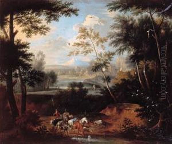 An Italianate Landscape With A Drover And Cattle At A Stream Oil Painting by Pieter Rysbrack