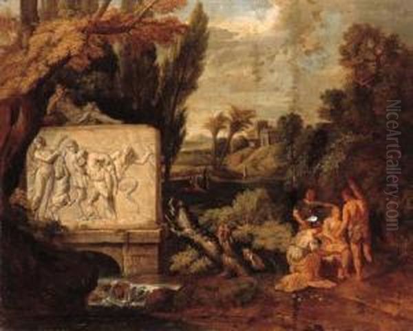 A Classical Landscape With 
Maidens Dancing By A Sarcophagusdepicting The Triumph Of Silenus; And A 
Classical Landscape Withfigures Resting By A Stream With A Sarcophagus 
Depicting Pan Andthe Drunken Silenus Oil Painting by Pieter Rysbrack