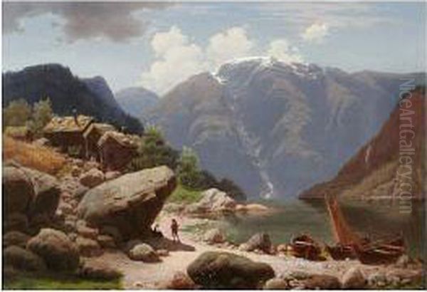 Mountain Valley With Figures And Boats At A Lake Edge Oil Painting by Georg-Eduard Otto Saal