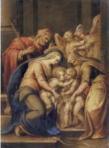 The Holy Family With Saints 
Elizabeth And The Infant Saint John The Baptist, Two Angels Behind Oil Painting by Lorenzo Sabatini