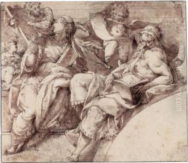 A Sibyl And A Prophet With Angels: Design For A Section Of The Decoration Of An Archway Oil Painting by Lorenzo Sabatini