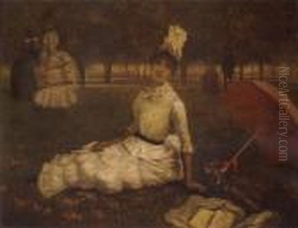 A Lady With Umbrella Sitting In The Park Oil Painting by Symeon Sabbides