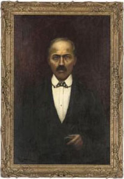 Portrait Of A Gentleman, Half-length, In A Black Suit, White Shirt And Chequered Bow Tie Oil Painting by Cesare Saccaggi