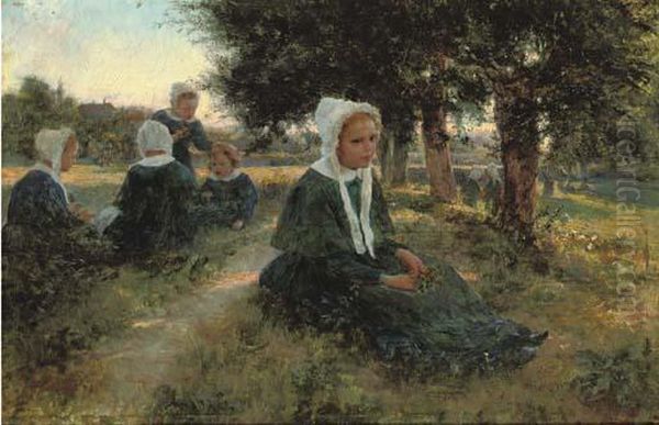 Girls In A Meadow Oil Painting by Cesare Saccaggi