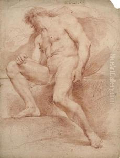 A Seated Male Nude Oil Painting by Andrea Sacchi