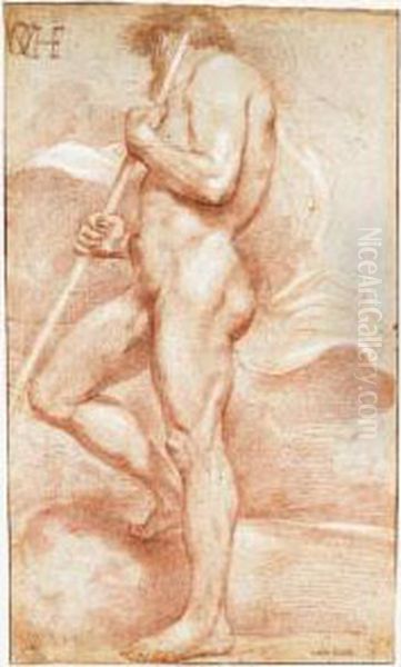 Standing Male Nude Holding A Staff, Seen From The Side Oil Painting by Andrea Sacchi