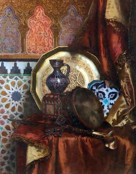 A Tambourine, Knife, Moroccan Tile and Plate on Satin covered Table Oil Painting by Rudolph Ernst