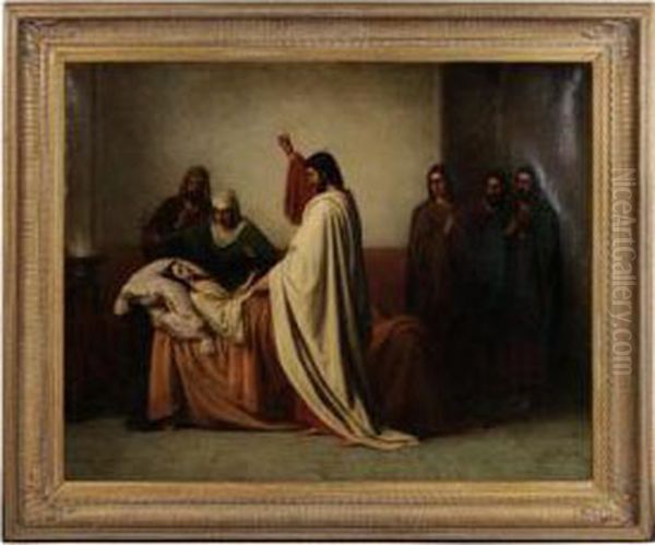 Jesus Healing Jairus' Daughter Oil Painting by Philippe Lodowyck Jacob Sadee