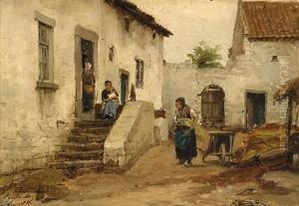 In The Courtyard Oil Painting by Philippe Lodowyck Jacob Sadee